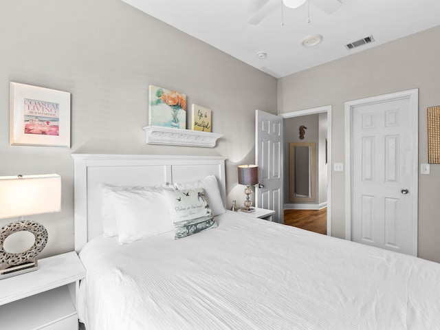 bedroom with visible vents and a ceiling fan