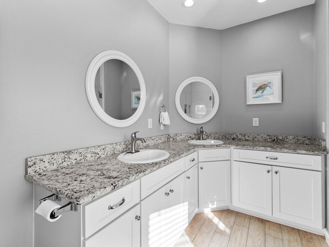 bathroom featuring double vanity, wood finished floors, and a sink