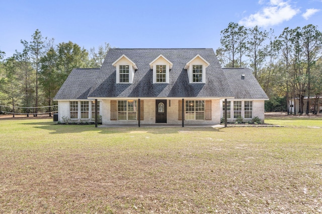 view of front of home with a shingled roof and a front lawn