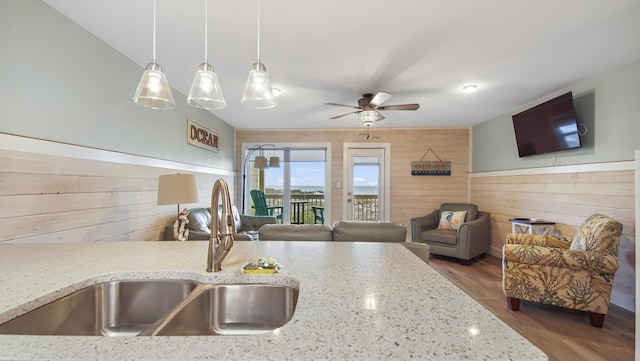 kitchen with ceiling fan, light stone counters, a sink, and wood finished floors