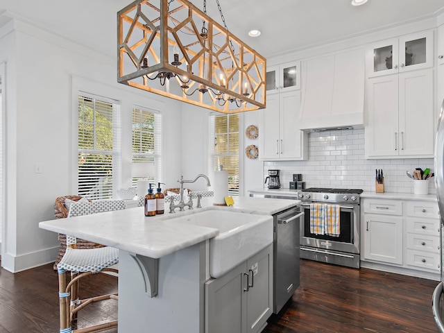 kitchen featuring dark wood finished floors, a center island with sink, custom exhaust hood, decorative backsplash, and appliances with stainless steel finishes