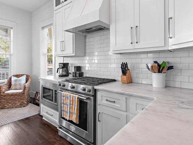 kitchen featuring a healthy amount of sunlight, custom range hood, appliances with stainless steel finishes, and dark wood-type flooring