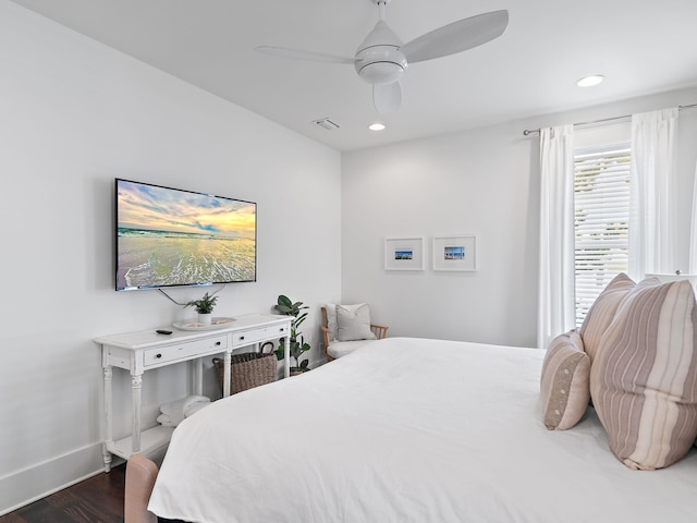 bedroom with recessed lighting, dark wood finished floors, a ceiling fan, and baseboards