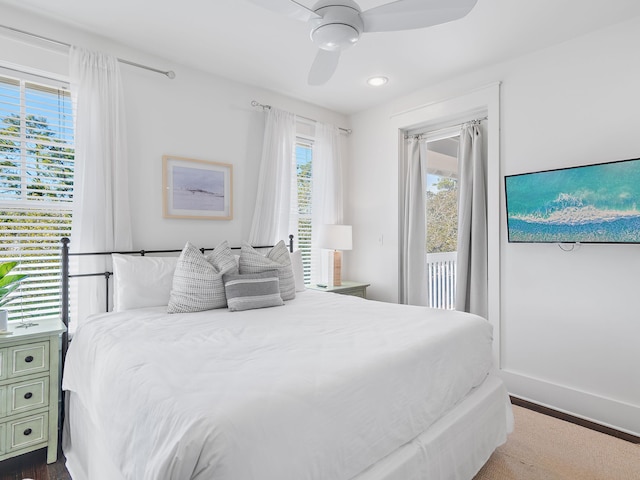 bedroom with access to exterior, dark wood-style flooring, recessed lighting, ceiling fan, and baseboards