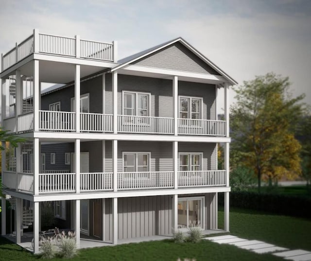 exterior space featuring board and batten siding, stairway, a patio, and a yard