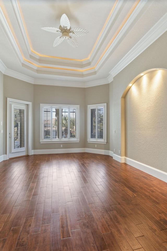 spare room with a ceiling fan, a tray ceiling, dark wood finished floors, and baseboards