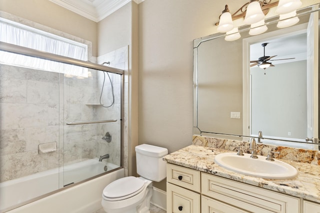 full bathroom with enclosed tub / shower combo, ceiling fan, toilet, vanity, and crown molding