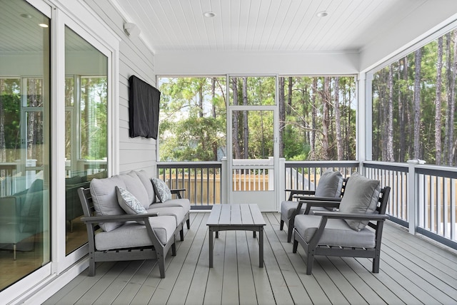 sunroom with wood ceiling