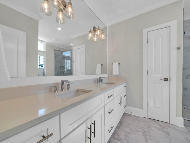 bathroom featuring marble finish floor, double vanity, a sink, and a marble finish shower