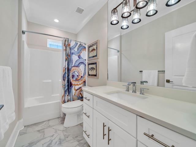 full bathroom featuring toilet, vanity, visible vents, marble finish floor, and shower / tub combo with curtain