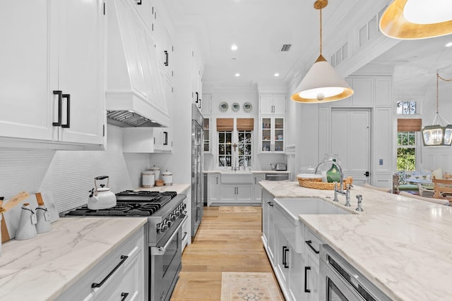 kitchen with premium appliances, crown molding, custom exhaust hood, white cabinets, and a sink