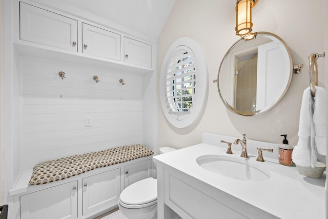bathroom with toilet, lofted ceiling, a tile shower, and vanity