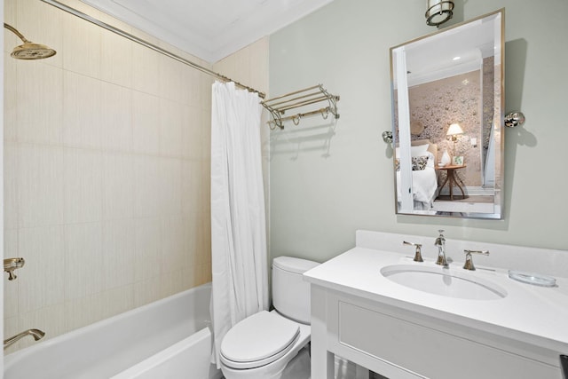bathroom with shower / tub combo, vanity, and toilet