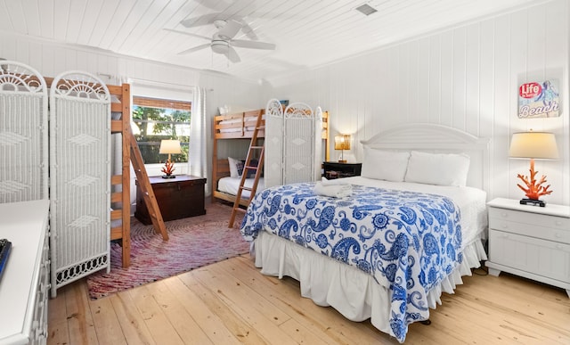 bedroom featuring wood ceiling, visible vents, hardwood / wood-style flooring, and a ceiling fan