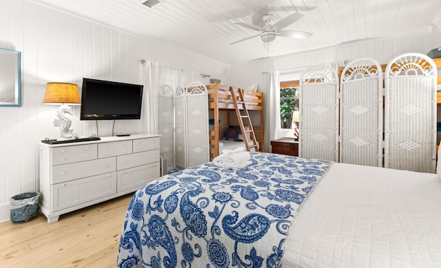 bedroom featuring light wood finished floors, wood ceiling, and a ceiling fan