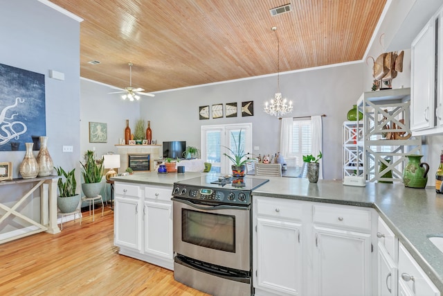 kitchen featuring visible vents, stainless steel electric range, wood ceiling, white cabinetry, and crown molding