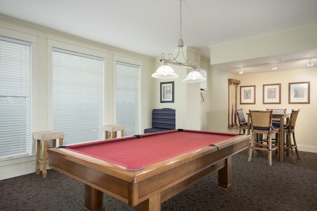 recreation room featuring pool table, crown molding, carpet, and baseboards