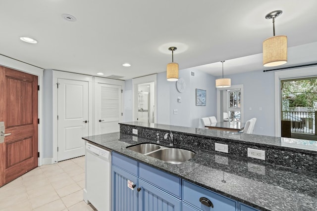 kitchen with blue cabinetry, recessed lighting, a sink, pendant lighting, and dishwasher