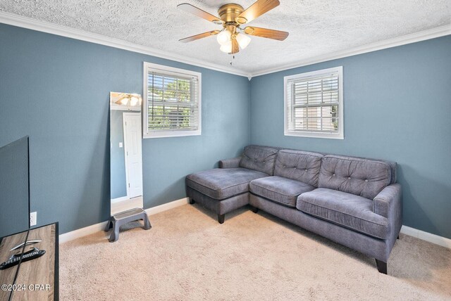 305 S Wells St, Panama City Beach, FL 32413 - living room featuring a textured ceiling, carpet floors, ornamental molding, and baseboards