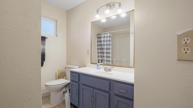 full bathroom with toilet, tile patterned floors, a shower with shower curtain, and vanity