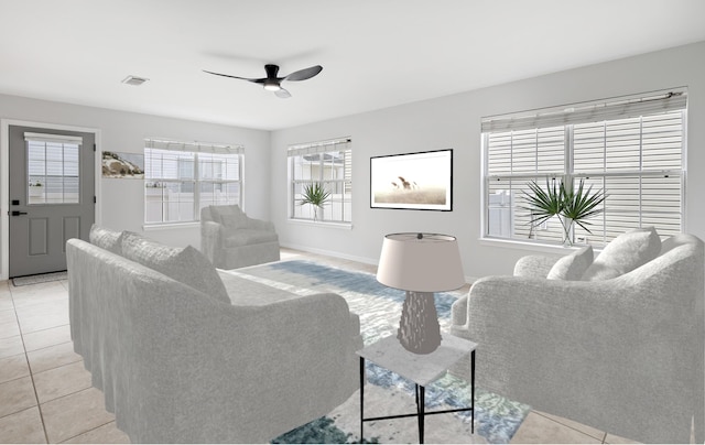 living room with light tile patterned floors, ceiling fan, visible vents, and baseboards