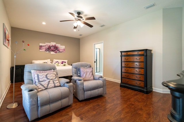 bedroom featuring recessed lighting, visible vents, baseboards, and wood finished floors