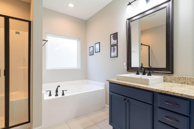 full bath with a garden tub, recessed lighting, a stall shower, vanity, and tile patterned flooring