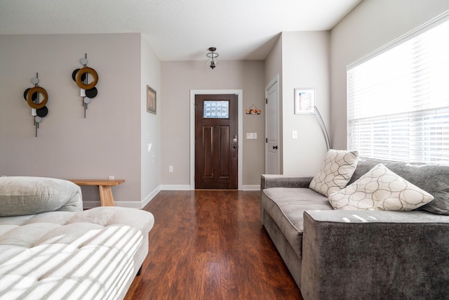 foyer entrance with baseboards and wood finished floors