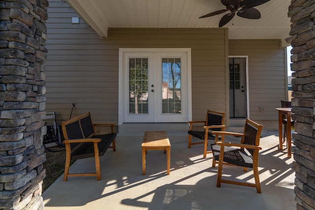 view of patio featuring ceiling fan and french doors