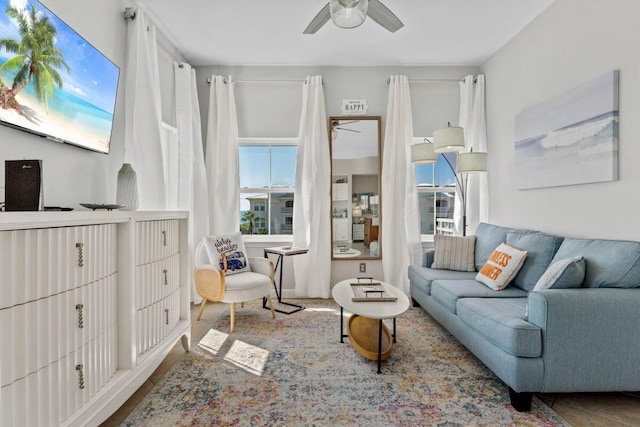 living area with a ceiling fan