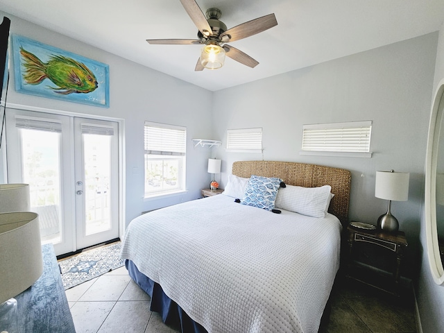 bedroom featuring access to exterior, a ceiling fan, french doors, and light tile patterned floors