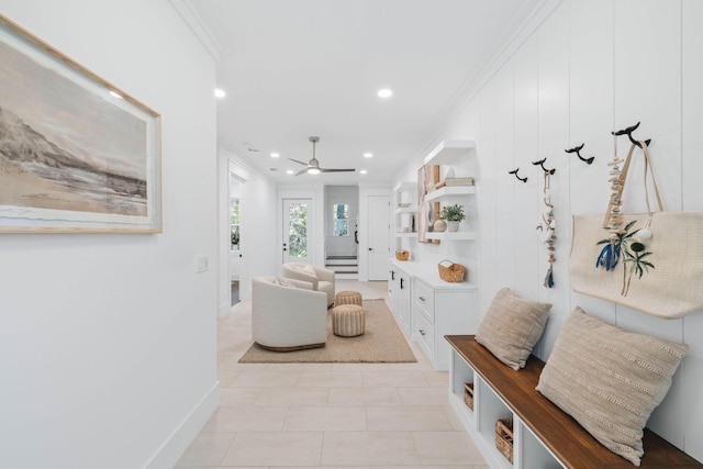 mudroom featuring light tile patterned floors, recessed lighting, ornamental molding, a ceiling fan, and baseboards