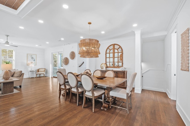 dining area with ceiling fan, recessed lighting, dark wood finished floors, and crown molding