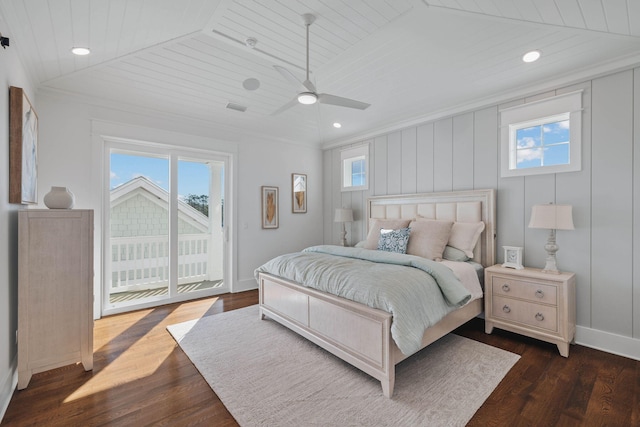 bedroom with ceiling fan, dark wood-style flooring, baseboards, access to outside, and ornamental molding