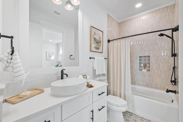 full bath with visible vents, toilet, ornamental molding, shower / tub combo with curtain, and vanity