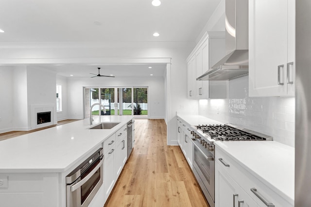 307 W Firethorn Cir Lot 42, Inlet Beach, FL 32461 - kitchen featuring a fireplace, ceiling fan, wall chimney exhaust hood, appliances with stainless steel finishes, and a sink