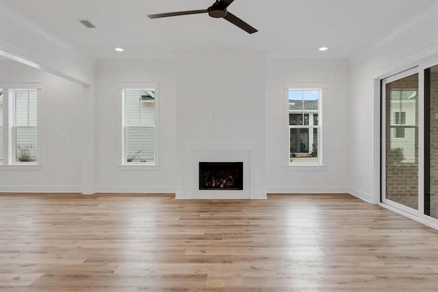 307 W Firethorn Cir Lot 42, Inlet Beach, FL 32461 - unfurnished living room with light wood finished floors, visible vents, recessed lighting, and a ceiling fan