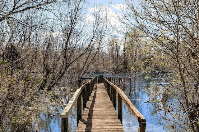 view of dock with a water view