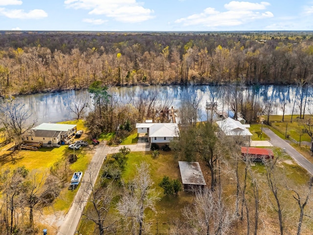 aerial view with a water view and a view of trees