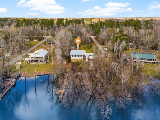 aerial view featuring a water view and a forest view