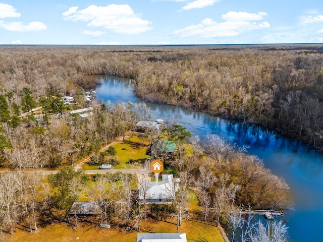 aerial view featuring a water view and a view of trees