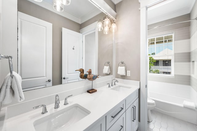 full bathroom featuring tile patterned flooring, a sink, toilet, and double vanity