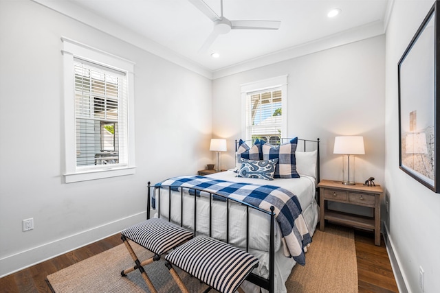 bedroom featuring crown molding, recessed lighting, wood finished floors, and baseboards