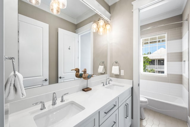 full bath with tile patterned floors, a sink, toilet, and double vanity