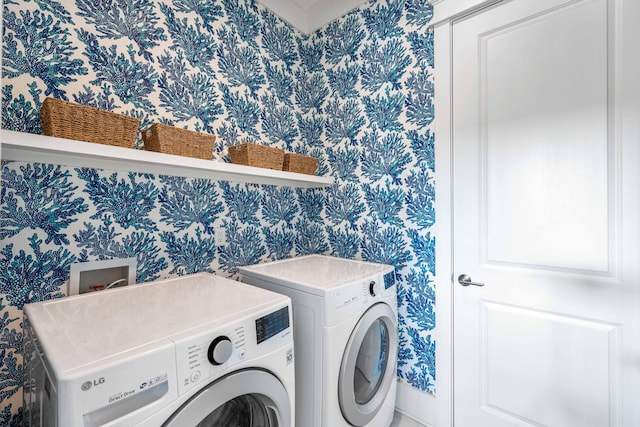 laundry area with laundry area, separate washer and dryer, and wallpapered walls