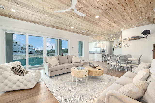 living room with recessed lighting, wood ceiling, and wood finished floors