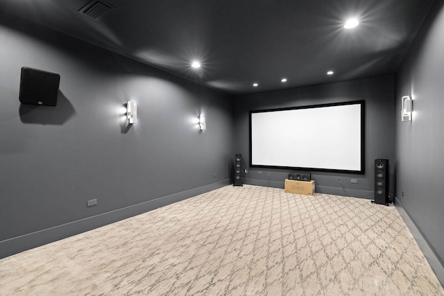 carpeted cinema featuring baseboards, visible vents, and recessed lighting