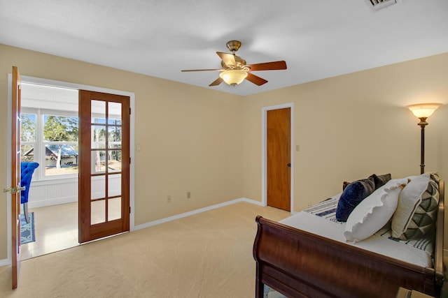 8840 Sand Pine Dr, Navarre, FL 32566 - bedroom featuring ceiling fan, visible vents, baseboards, and light colored carpet