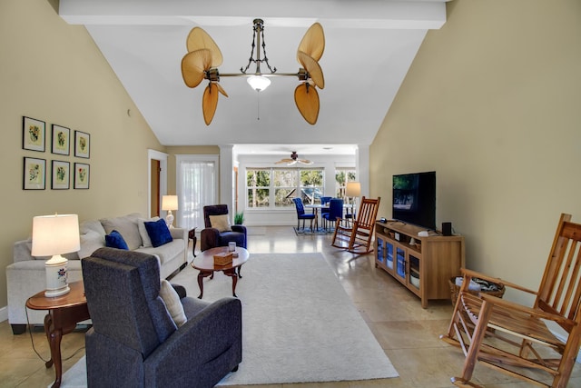 8840 Sand Pine Dr, Navarre, FL 32566 - living area with baseboards, beam ceiling, high vaulted ceiling, and a ceiling fan