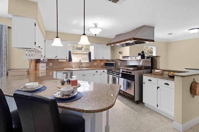8840 Sand Pine Dr, Navarre, FL 32566 - kitchen featuring decorative backsplash, a peninsula, stainless steel appliances, ventilation hood, and a sink